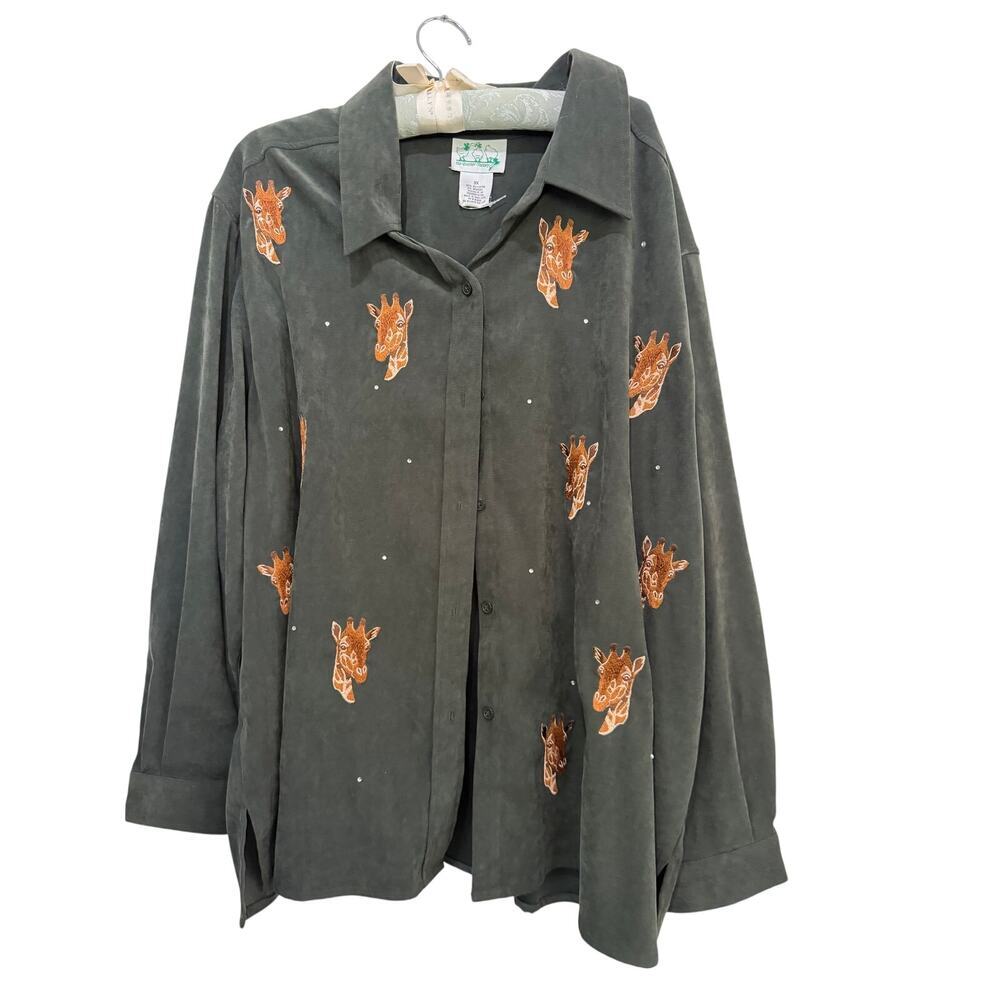 Vintage The Quacker Factory Shirt Giraffe Embroidered Green Size 3X safari 90s